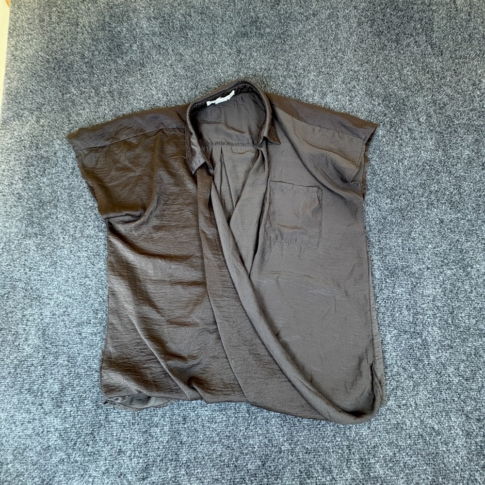 Sans Souci Blouse Top Womens Medium Brown Sleeveless Pocket Wrap Front Casual